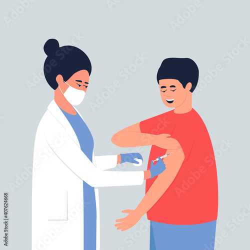 A nurse gives a vaccine to a man. Vaccination of the population. The introduction of a vaccine to strengthen the body's immune system against an infectious agent. Flat vector illustration.