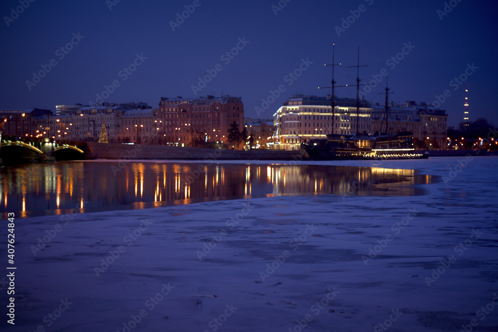 St. Petersburg, Russia. January 9, 2021: View of the Neva River and Petrogradsky Island on a winter evening. 