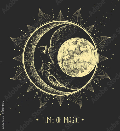 Modern magic witchcraft card with astrology sun and moon sign with human face. Day and nignt.