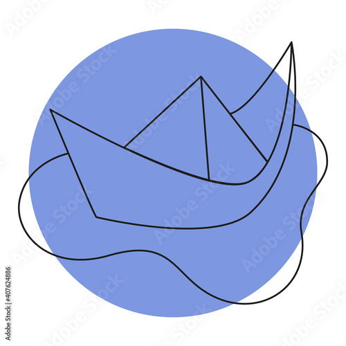 Paper boat in a puddle Icon on color backgrond. Simple line doodle Paper boat in a puddle icon. Vector illustration in editable line.