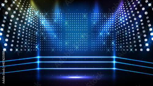 Abstract futuristic blue background of boxing ring stage with beautiful spotlight ray