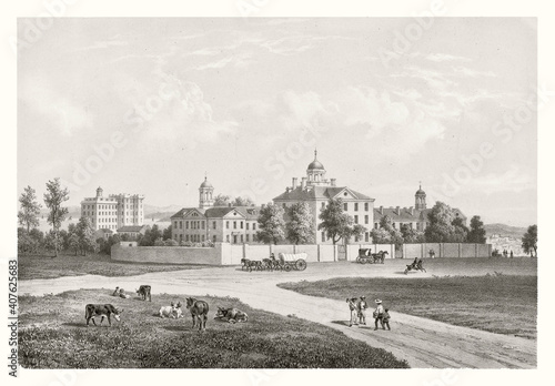 Old view of Baltimore hospital, elegant ancient building surrounded by countryside. Highly detailed vintage style gray tone illustration by unidentified author, U.S., 1849 #407625683