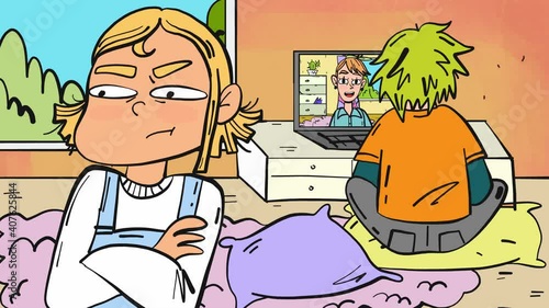 jealousy cartoon animation, jealous girl suffer while her partner video chatting