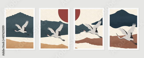 Luxury gold oriental style background vector. Mountain landscape wallpaper. Japanese , Chinese oriental line art with golden texture, Swan bird and sun. Natural Wall arts for print and home decor.