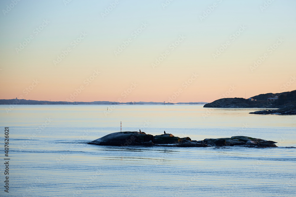 A Swedish archipelago with calm sea and birds sitting on a scaur