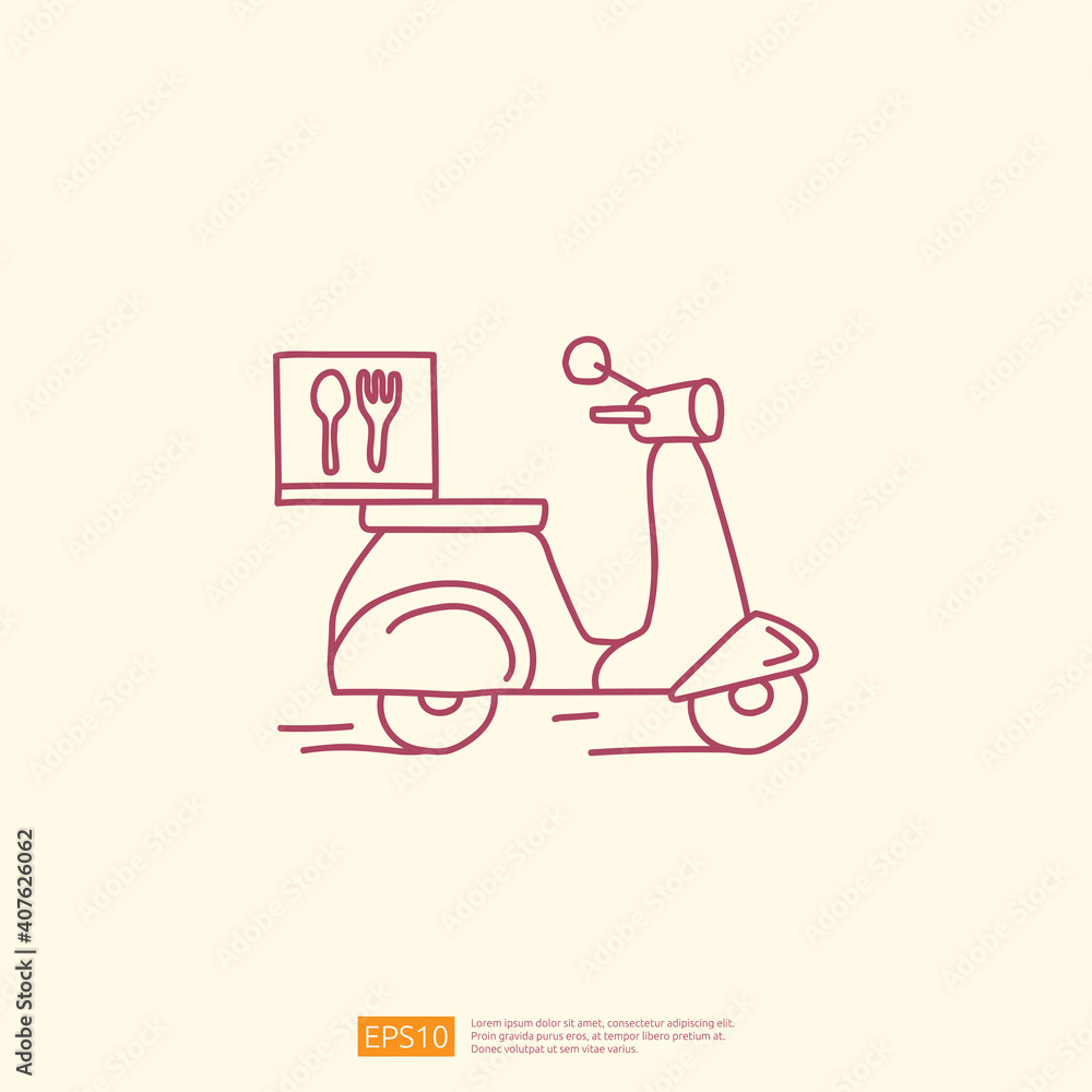 food delivery service scooter icon. motorcycle sign symbol with doodle line  style vector illustration Stock Vector | Adobe Stock