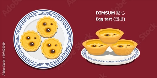 Illusttation vector isolated on red background of popular Chinese Dim Sum or Dimsum menu.Chinese language meaning is Dim Sum and mini egg tart