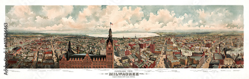 large overall top horizontal view of Milwaukee from City Hall tower, vintage captions on page bottom. Highly detailed vintage style color illustration by unknown author, U.S., 1874