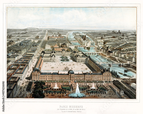 Old aerial view of Paris focused on Louvre and other buildings to horizon. Highly detailed vintage style color illustration by Fichot, Paris, 1850 photo