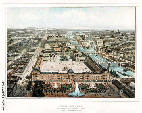Canvas Print Old aerial view of Paris focused on Louvre and other buildings to horizon