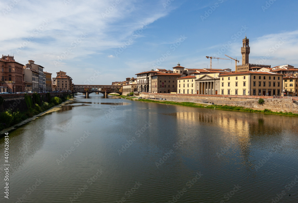 Aerial view of the Arno river in Florence, Italy