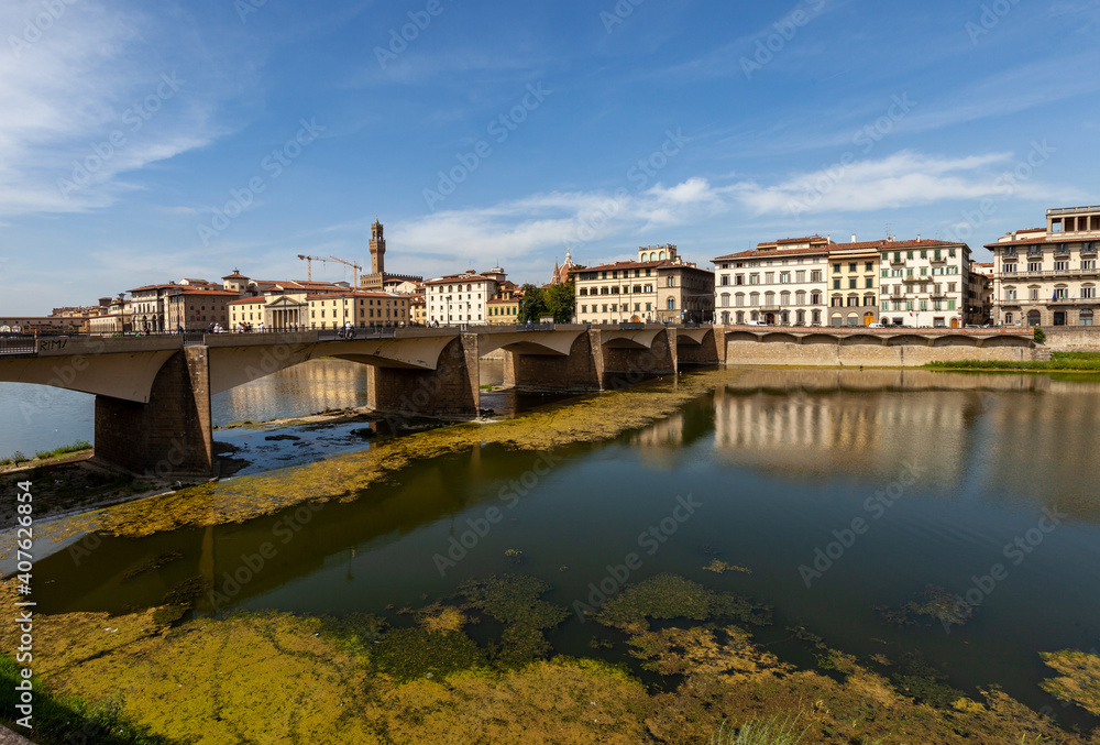 Aerial view of the Arno river in Florence, Italy