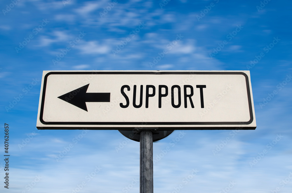 Support road sign, arrow on blue sky background. One way blank road sign with copy space. Arrow on a pole pointing in one direction. Support road sign, arrow on blue sky background. One way blank road sign with copy space. Arrow on a pole pointing in one direction.
