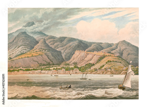 Caribbean seascape of Roseau, Dominica, with high mountains behind. Highly detailed vintage style color illustration by Caddy and James, London, 1837 photo