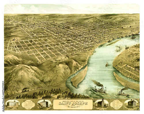 Top panoramic aerial view of Saint Joseph, Missouri. Grid roads city rising on river shore. Highly detailed vintage style color illustration by unidentified author, U.S., 1868 photo