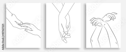 Continuous Line Drawing of Hands Couple Trendy Minimalist Illustrations Set. One Line Abstract Concept. Minimalist Contour Hands Banner. Vector EPS 10.