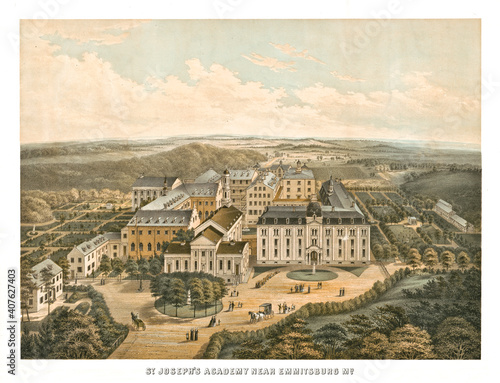Aerial view of old St. Joseph Academy near Emmitsburg, Maryland and surrounding vaste land. Highly detailed vintage style color illustration by Enke, U.S., 1875 photo
