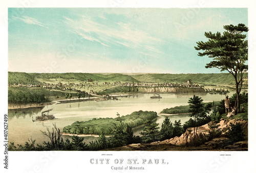 Distant view of the city of Saint Paul, Minnesota, from the opposite shore of Mississippi river. Highly detailed vintage style color illustration by J. Queen, U.S., 1853
