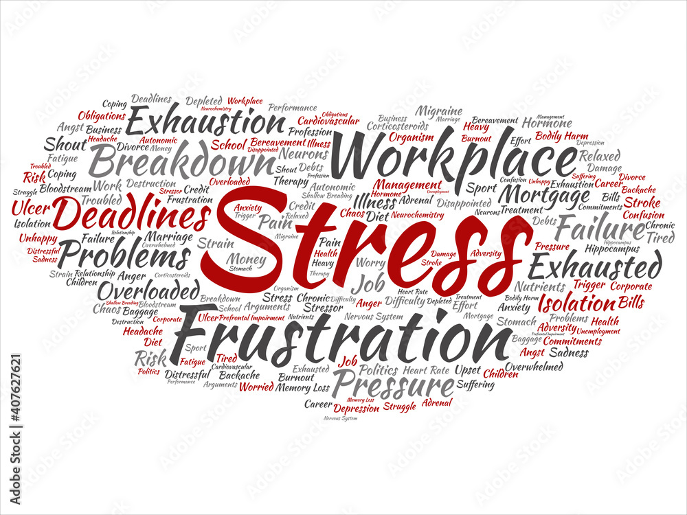 Vector concept conceptual mental stress at workplace or job pressure abstract word cloud isolated background. Collage of health, work, depression problem, exhaustion, breakdown, deadlines risk text