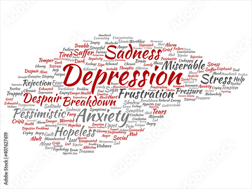 Vector concept conceptual depression or mental emotional disorder problem abstract word cloud isolated background. Collage of anxiety sadness, negative, sad, despair, unhappy, frustration symptom text