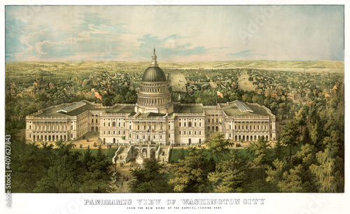 Overall top view of United States Capitol and surrounding city of Washington and nature. Highly detailed vintage style color illustration by unidentified author, U.S., 1865