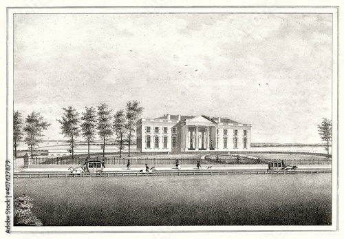 Outdoor view of the White House, Washington D.C, in the past. Highly detailed vintage style gray tone illustration by unidentified author, U.S., 1865