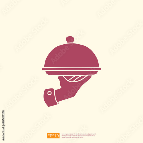 food service icon with hand holding dome plate dish. silhouette doodle style icon vector illustration