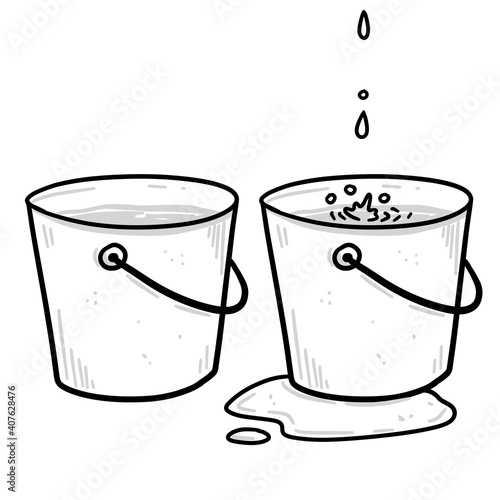 Bucket. Drops of water and a leak. Full pail. Sketch dooodle illustration