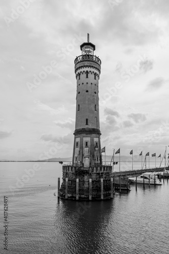 The Lindau Lighthouse, Germany's southermost lighthouse, at the entrace in the harbour of Lindau, on Lake Bodensee (Lake Constance) 