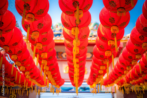 Wallpaper Mural red lantern decoration for Chinese New Year Festival at Chinese shrine Ancient chinese art with the Chinese alphabet Blessings written on it Is a Fortune blessing compliment,Is a public place Thailand Torontodigital.ca