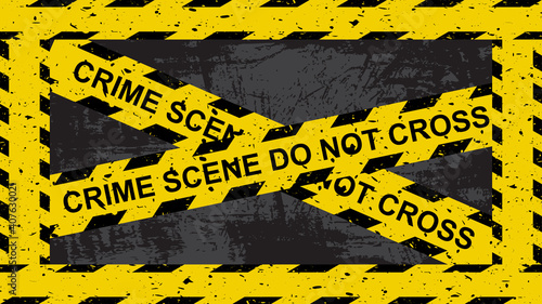 Crime scene yellow tape. Crossed lines with sign 'do not cross' on grunge dark background. Restricted area symbol. Criminal wallpaper for forensic science design.