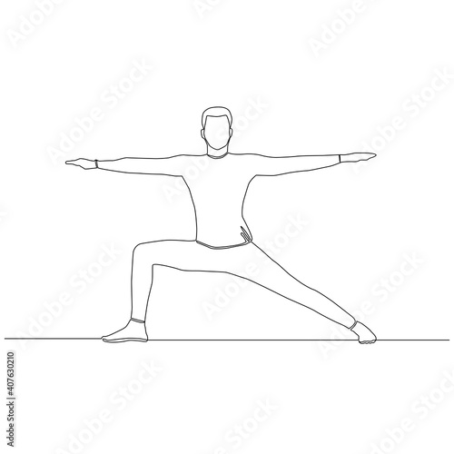 Continuous line of man doing Yoga. spreading both arms and left leg vector.