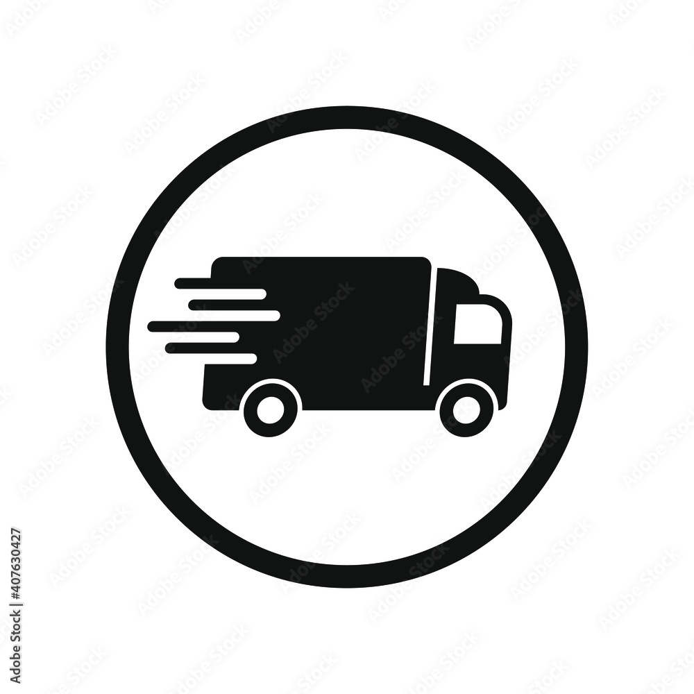 Delivery truck vector icon. Fast moving transport service car symbol. Speed shipping sign. Logistic logo. Silhouette isolated on white background. Delivery truck vector icon. Fast moving transport service car symbol. Speed shipping sign. Logistic logo. Silhouette isolated on white background.