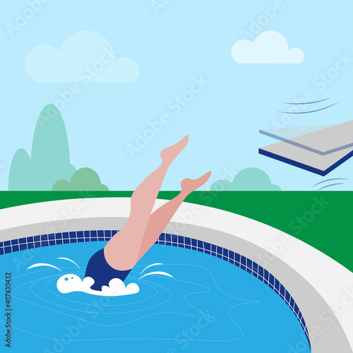 man dives into a pool from a diving board. vector illustration jump into the pool. Active sports holiday. person in the pool