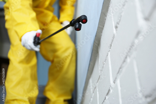 Pest control worker spraying pesticide indoors, closeup