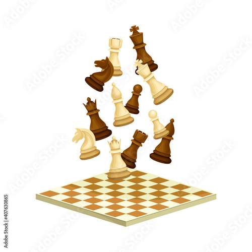 Black and White Chess Piece or Chessman Floating Above Checkered Chessboard Vector Illustration