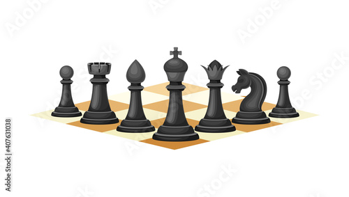 Black Chess Piece or Chessman with King and Queen Standing in Row Vector Illustration