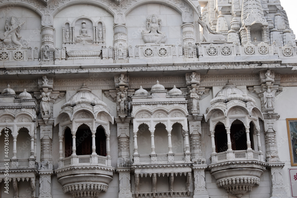 Close-up shot Carved Marble Windows of Shree Shantinath Bhagwan Jain Mandir, Bhopla Chowk Pune Camp, Maharashatra.