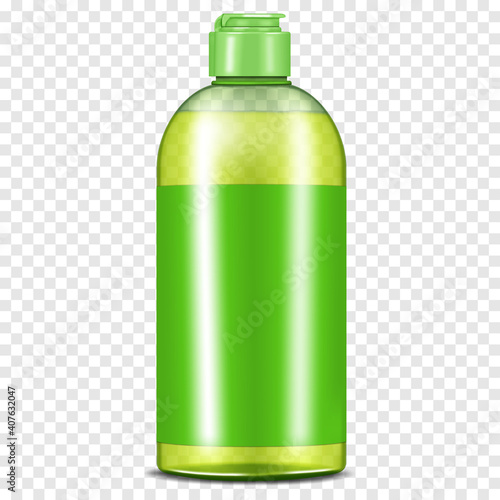 Clear green plastic bottle with screw flip top cap and blank label on transparent background, vector mockup. Shampoo, liquid soap, dishwashing liquid. Template for design