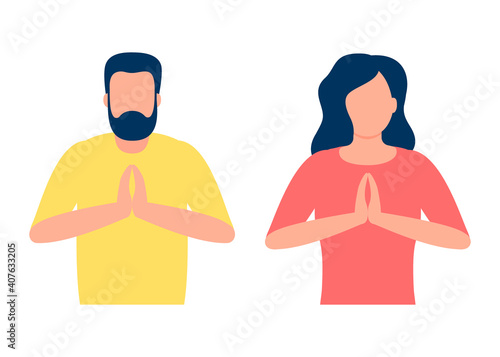 People in pose yoga, hands namaste. Man and woman do meditation for benefits health of body, mind and emotions. Soulful wellbeing and calm. Gesture welcome, greeting, please, thank. Vector