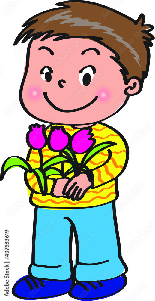 vector cartoon boy holding flowers tulip