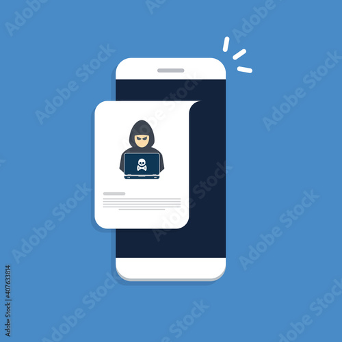 Hacker, malware notification on mobile phone. Smartphone with hacker alert, spam data on cellphone fraud error message, scam, virus. Flat vector illustration.	
