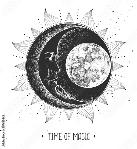 Modern magic witchcraft card with astrology sun and moon sign with human face. Day and nignt.
