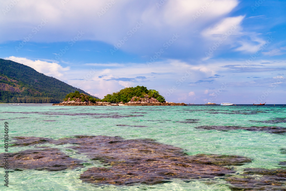 Sea View of Koh Lipe Islands with Clear water to see corals and Blue Sky