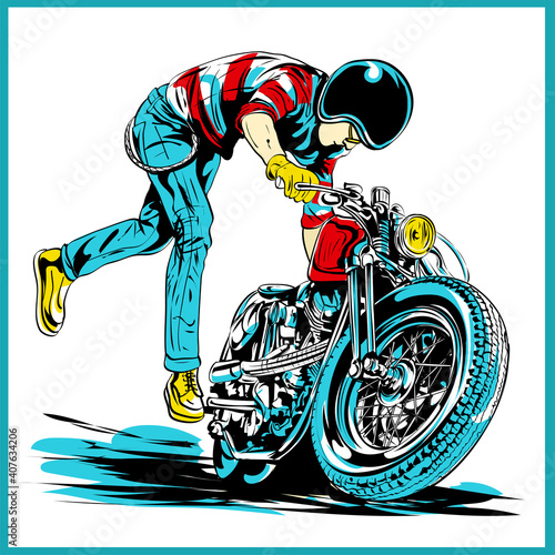 Vintage rockabilly skulls riding a classic chopper bike Vector