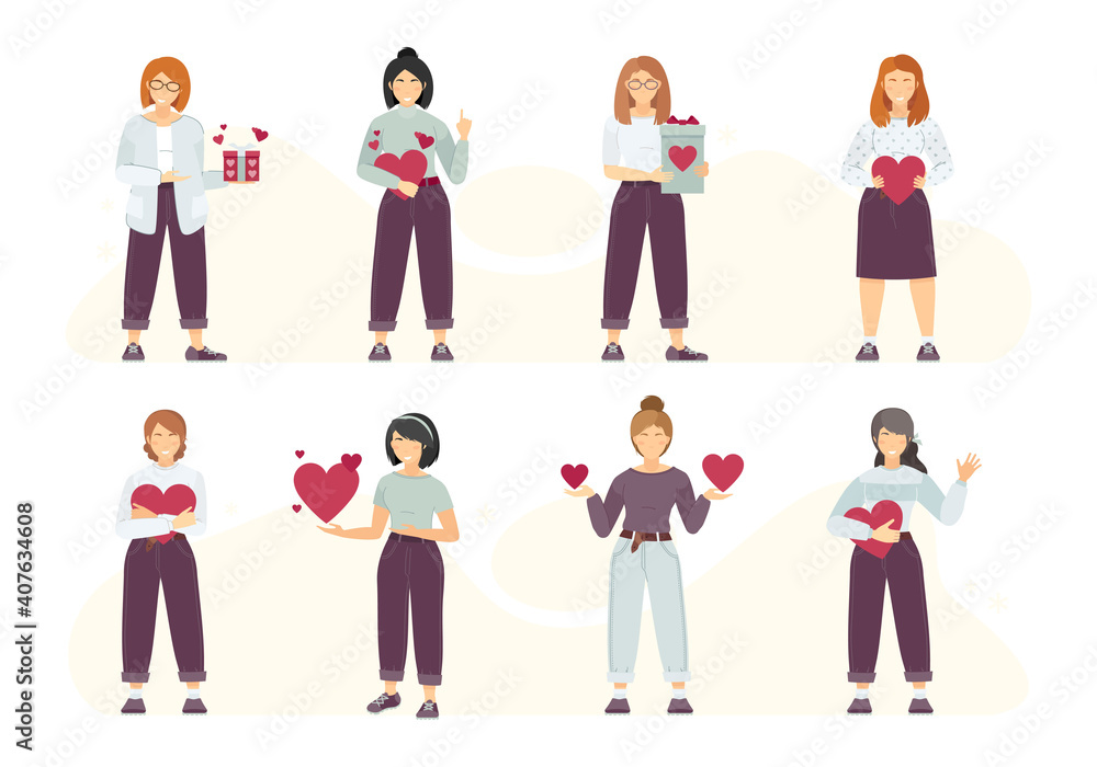 Vector illustration of girls holding hearts and boxes with hearts