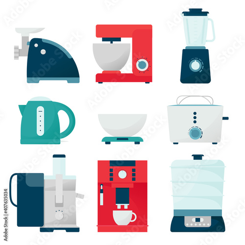 Set of kitchen appliances. Vector illustration in flat style, Cooking equipment flat icons