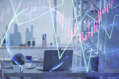 Double exposure of stock market graph drawing and office interior background. Concept of financial analysis.