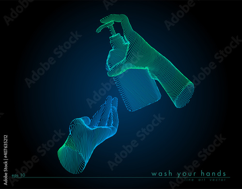 Washing hands with alcohol gel or antibacterial soap sanitizer. Hands holding a bottle. Concept antivirus vector line illustration on dark background.