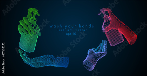 Washing hands with alcohol gel or antibacterial soap sanitizer. Hands holding a bottle. Concept antivirus vector line illustration on dark background.
